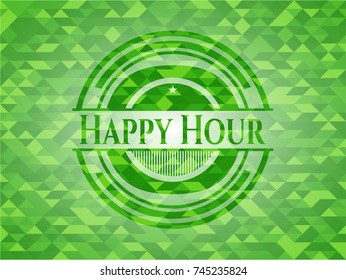 Happy Hour green emblem. Mosaic background