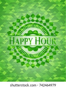 Happy Hour green emblem with triangle mosaic background