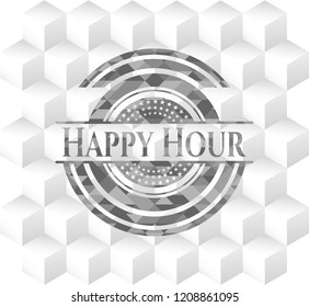 Happy Hour grey emblem with geometric cube white background