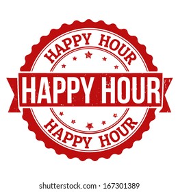 Happy hour grunge rubber stamp on white, vector illustration