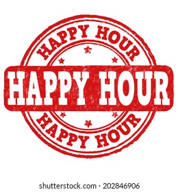 Happy hour grunge rubber stamp on white, vector illustration