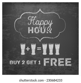 Diseño de mano de Happy Hour en Blackboard. Comprar 2 Obtener 1 Gratis