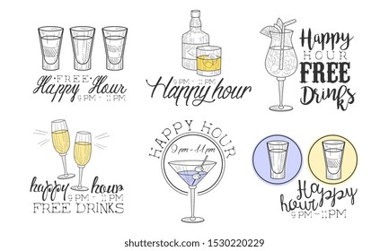 Happy Hour Hand Drawn Retro Labels Set, Free Drinks Monochrome Badges Vector Illustration