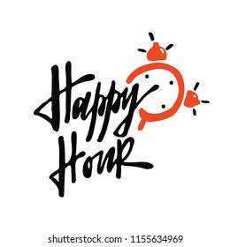 Happy hour. Hand lettering poster with illustration of alarm clock. Ideal for restaurant promotion, advertising.