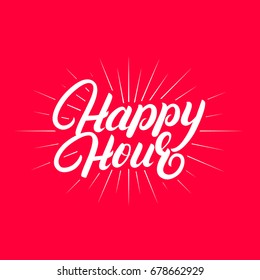 Happy hour hand written lettering. Modern brush calligraphy. Isolated on red background. Vector illustration.