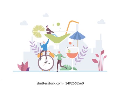 
Happy Hour Illustration Concept Showing a group of people relaxing enjoying free time drinking, Suitable for landing page, ui, web, App intro card, editorial, flyer, and banner.