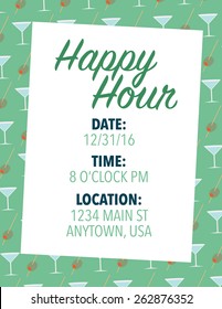 Happy Hour Invitation Over Green Color Background