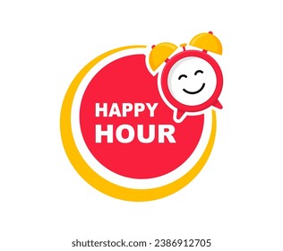 Etiqueta de Happy Hour. Insignia con reloj despertador. Banner promocional moderno. Ilustración vectorial.