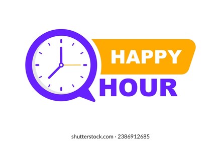 Etiqueta de Happy Hour. Insignia con reloj. Banner promocional moderno. Ilustración vectorial.