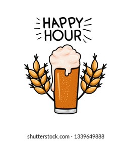 happy hour label with beer isolated icon
