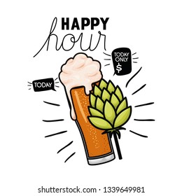 happy hour label with beer isolated icon