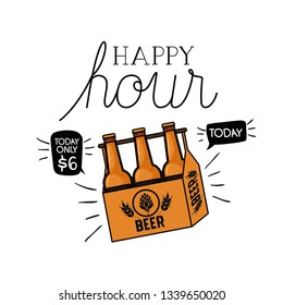 happy hour label with beer isolated icon