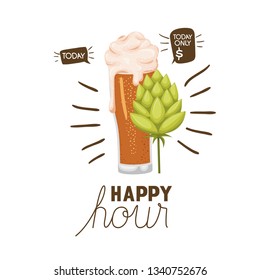 happy hour label with beer isolated icon