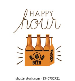 happy hour label with beer isolated icon