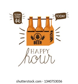 happy hour label with beer isolated icon