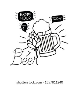 happy hour label with beer isolated icon