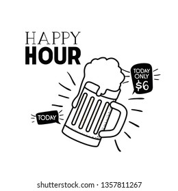 happy hour label with beer isolated icon