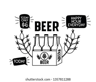 happy hour label with beer isolated icon