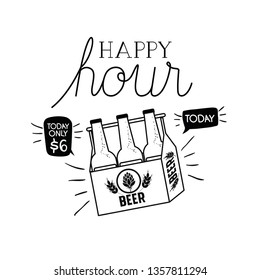 happy hour label with beer isolated icon