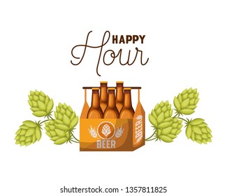 happy hour label with box and beer bottles