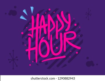 Happy Hour Label Sign Logo Hand Drawn Brush Lettering Calligraphy Type Design Vector Graphic