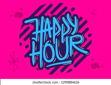 Happy Hour Label Sign Logo Hand Drawn Brush Lettering Calligraphy Type Design Vector Graphic