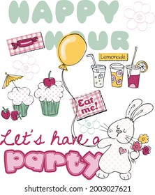 Happy Hour Let's have a party Rabbit Kids T-shirt Design