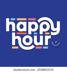 Happy hour logo with modern typography and colorful elements. Happy hour sticker, label, tag for black Friday, cyber monday sale, beer fest party discount. Business marketing and promotion sign.