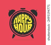 Happy hour logotype with a alarm clock flat icon on red background. Happy hour offer tag, label, sticker. Discount banner, poster, template for happy hour concept.