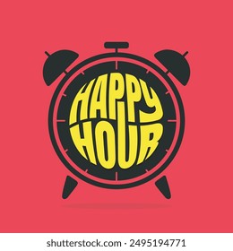 Happy Hour Logo mit einem Wecker-Flat-Icon auf rotem Hintergrund. Happy Hour Angebotsmarke, Etikett, Aufkleber. Discount Banner, Poster, Vorlage für Happy Hour Concept.