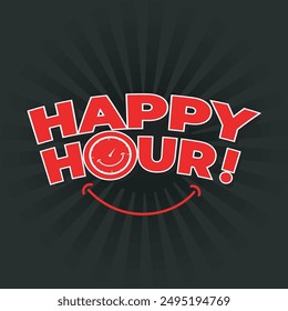 Happy Hour Logo mit einem Happy Clock Symbol auf schwarzem Hintergrund. Happy Hour Angebotsmarke, Etikett, Aufkleber. Discount Banner, Poster, Vorlage für Happy Hour Concept.