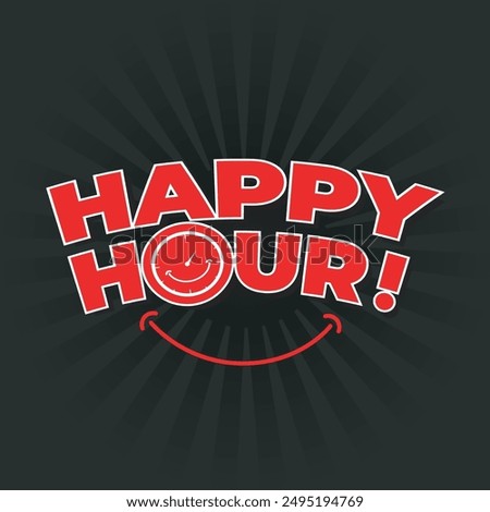 Happy hour logotype with a happy clock icon on black background. Happy hour offer tag, label, sticker. Discount banner, poster, template for happy hour concept.