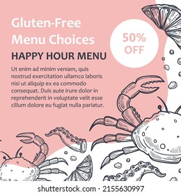 Happy hour menu with no gluten, crab seafood with slice of lemon citrus. Tasty dishes and nourishment, healthy dieting and gourmet meal for dinner. Monochrome sketch outline, vector in flat style