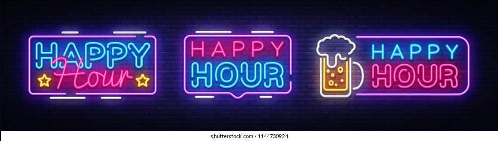 Happy Hour neon banner collection vector design template. Happy Hour neon text, light banner design element colorful modern design trend, night bright advertising, bright sign. Vector illustration