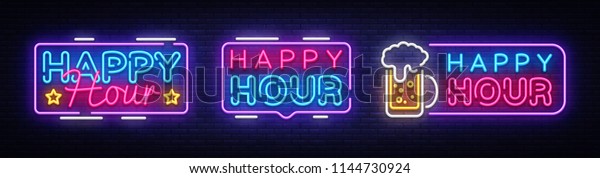 Happy Hour neon banner collection vector\
design template. Happy Hour neon text, light banner design element\
colorful modern design trend, night bright advertising, bright\
sign. Vector\
illustration