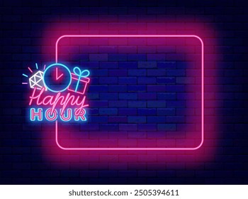 Happy hour neon banner. Empty pink frame and typography with alarm clock, diamond and gift. Night club, free drinks, bar counter and restaurant. Editable stroke. Copy space. Vector stock illustration