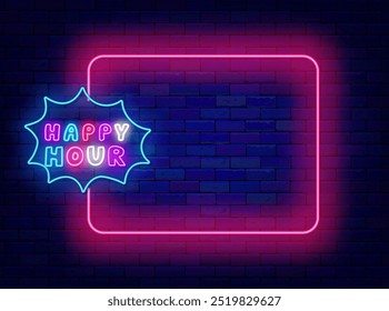 Anuncio de neón de la hora feliz. Marco rosado vacío y tipografía colorida. Club nocturno, bebidas gratis, bar y restaurante. Trazo editable. Copiar espacio. Vector ilustración de stock