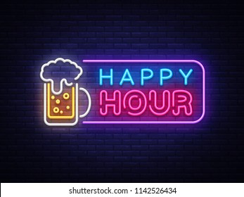 Happy Hour neon banner vector design template. Happy Hour neon text, light banner design element colorful modern design trend, night bright advertising, bright sign. Vector illustration