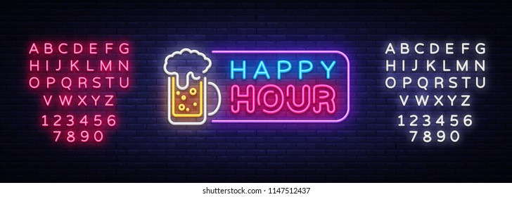 Happy Hour neon banner vector design template. Happy Hour neon text, light banner design element colorful modern design trend, night bright advertising, bright sign. Vector. Editing text neon sign