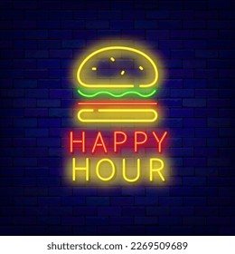 Happy hour neon label. Burger icon. Fast food logotype on brick wall. Shopping cart with clock. Sale time sign. Emblem for marketing, retail and cafe. Vector storck illustration