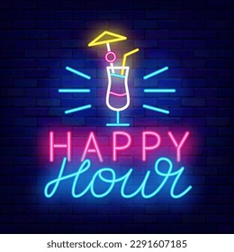 Happy hour neon label. Cocktail icon. Free drink. Discount for bar, cafe and restaurant. Sale time sign. Emblem for marketing, retail. Editable stroke. Vector storck illustration