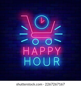 Happy hour neon label on brick wall. Shopping cart with clock. Sale time sign. Emblem for marketing, retail and cafe. Vector storck illustration