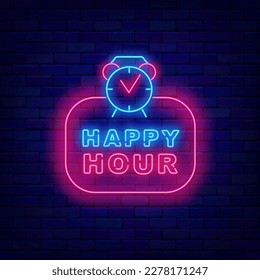 Happy hour neon label on brick wall. Discount for food market. Rectangular frame with clock. Sale time sign on brick wall. Emblem for marketing, retail and cafe. Vector stock illustration