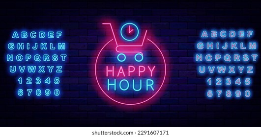 Etiqueta de neón de hora feliz. Carro de compras con reloj. Signo de tiempo de venta. Marco de círculo en la pared de ladrillo. Emblema para marketing, venta al por menor y café. Alfabeto azul brillante. Ilustración de material vectorial