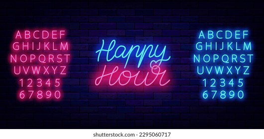 Happy hour neon lettering sign. Handwritten quote. Discount for food market. Sale time sign. Emblem for marketing, retail and cafe. Shiny blue and pink alphabet. Vector stock illustration