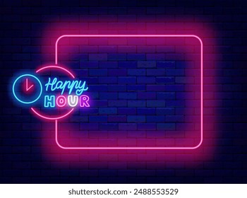 Happy Hour neonrosa Poster. Leerer Rahmen und Typografie mit Wecker. Essdesign. Nachtclub, kostenlose Getränke, Bar-Theke und Restaurant. Bearbeitbarer Strich. Leerzeichen kopieren. Illustration der Vektorgrafik