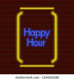 Happy hour neon poster with a beer can. Vector illustration design