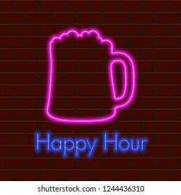 Happy hour neon poster with a beer glass. Vector illustration design