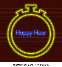 Happy hour neon poster with a chronometer. Vector illustration design