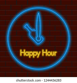 Happy hour neon poster with a clock. Vector illustration design